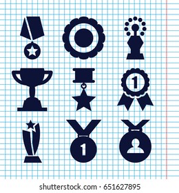 Set of 9 trophy filled icons such as medal, award, trophy, number 1 medal