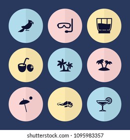 Set of 9 tropical filled icons such as palm, drink, cocktail, drink coconut, umbrella, aqualung, alligator
