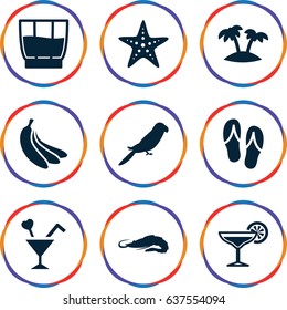 set of 9 tropical filled icons such as alligator, parrot, cocktail, palm, drink, banana, starfish