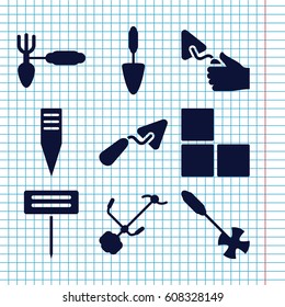 Set of 9 trowel filled icons such as brick wall, trowel