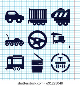 Set of 9 truck filled icons such as toy car, trailer, cargo terminal, cargo truck, cargo trailer, trash bin, military car