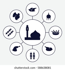 Set of 9 turkey filled icons such as turkey, mosque, chicken leg, chicken, meat leg