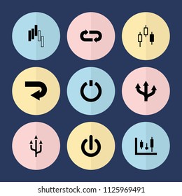Set of 9 turn filled icons such as back arrow, switch off, panel control, control panel