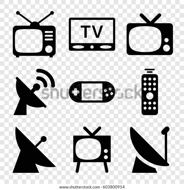 Set of 9 tv filled icons such as satellite, Tv,\
portable console, TV
