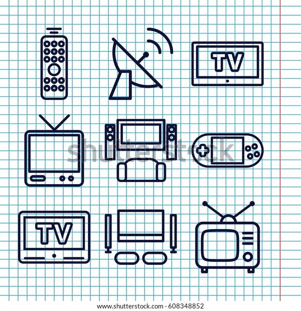 Set of 9 tv outline icons such\
as Tv, portable console, TV, remote control, TV set,\
satellite