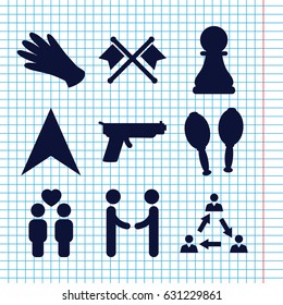 Set of 9 two filled icons such as gloves, navigation arrow, gay couple, maracas, chess pawn, gun, communication, crossed flags