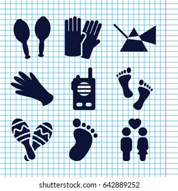 Set of 9 two filled icons such as foot print, glove, gloves, couple, maracas, maraca, foot, walkie talkie
