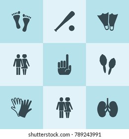 Set of 9 two filled icons such as gloves, baseball, maracas, couple, kidney, finger, flippers