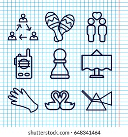 Set of 9 two outline icons such as gloves, gay couple, swan heart, maraca, restaurant table, walkie talkie, chess pawn, intersection