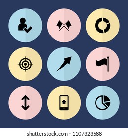 Set of 9 ui filled icons such as flag, home on phone display, add user, arrow, pie chart