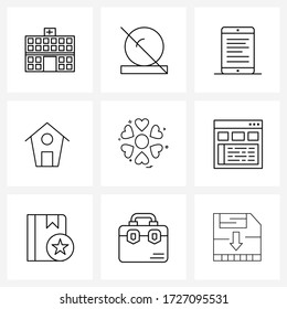 Set of 9 UI Icons and symbols for romance; heart; mobile; flower; home Vector Illustration