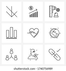 Set of 9 UI Icons and symbols for heartbeat; love; gear; award; win Vector Illustration