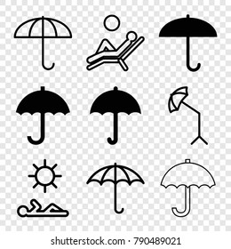 Set of 9 umbrella filled and outline icons such as umbrella, keep dry cargo, studio umbrella, man laying in sun