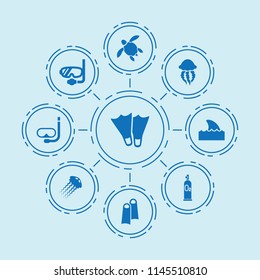 Set of 9 underwater filled icons such as oxygen scuba, jellyfish, jellyfish, shark flipper, diving mask, flippers, diving mask, turtle
