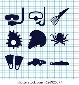 Set of 9 underwater filled icons such as octopus, snorkel, extinct sea creature, extinct fish, submarine, underwater mask