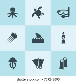 Set of 9 underwater filled icons such as diving mask, oxygen scuba, octopus, jellyfish, shark flipper, flippers, jellyfish, turtle