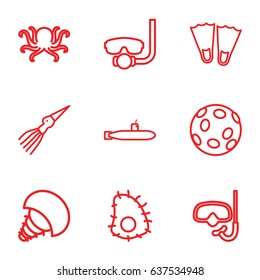 set of 9 underwater outline icons such as octopus, extinct sea creature, submarine, snorkel, underwater mask