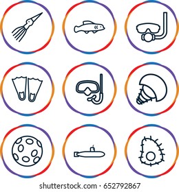 Set of 9 underwater outline icons such as extinct sea creature, extinct fish