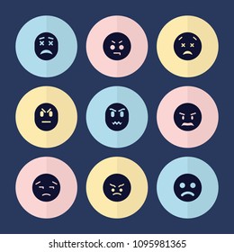 Set of 9 unhappy filled icons such as sad smiley, angry emot, upset emot