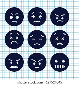Set of 9 unhappy filled icons such as angry emot, upset emot