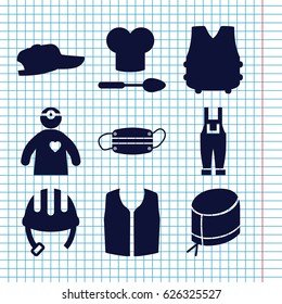 Set of 9 uniform filled icons such as helmet, sleeveless shirt, gardener jumpsuit, nurse hat, doctor with medical reflector, medical mask, chef hat and spoon, bulletproof vest