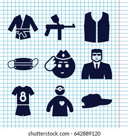 Set of 9 uniform filled icons such as security guy, sleeveless shirt, soldier emot, doctor with medical reflector, medical mask, kimono, football uniform, paintball