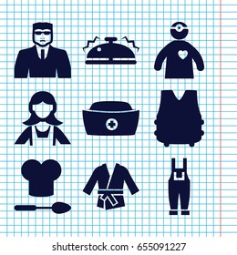 Set of 9 uniform filled icons such as security guy, maid, gardener jumpsuit, nurse hat, doctor with medical reflector, bell, chef hat and spoon, kimono
