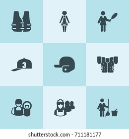 Set of 9 uniform filled icons such as car electrician, floor wash, cleaner woman, maid, housewife, life vest, american football jacket