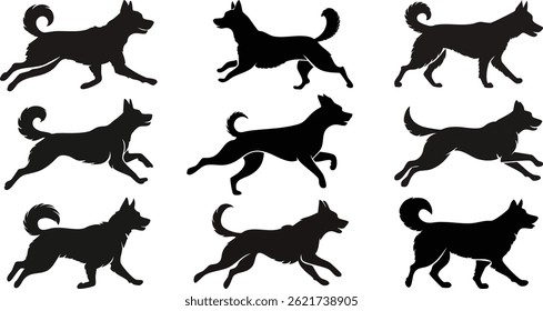 Set of 9 Unique Dog Silhouettes in Black and White Vector Illustration