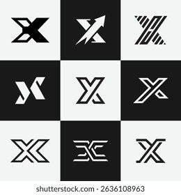 Set of 9 unique letter X monogram logos in modern, clean style. Ideal for branding, identity, and design use.