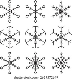 A set of 9 unique, symmetrical snowflake vector designs in black outlines, perfect for winter decorations, seasonal art, or holiday-themed graphic projects.