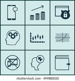 Set Of 9 Universal Editable Icons For Statistics, Marketing And Airport Topics. Includes Icons Such As Brain Process, Human Mind, Wallet And More.