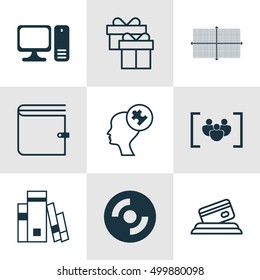 Set Of 9 Universal Editable Icons For Computer Hardware, Airport And Marketing Topics. Includes Icons Such As Present, Credit Card, Desktop Computer And More.