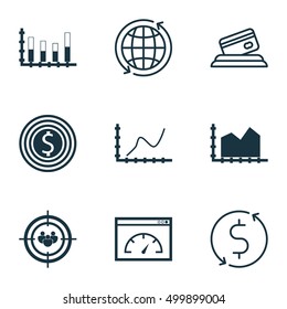 Set Of 9 Universal Editable Icons For Airport, Marketing And Human Resources Topics. Includes Icons Such As Business Goal, Segmented Bar Graph, World And More.