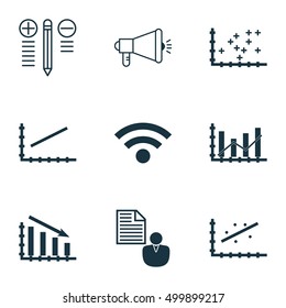 Set Of 9 Universal Editable Icons For Statistics, SEO And Computer Hardware Topics. Includes Icons Such As Wireless, Plot Diagram, Report And More.