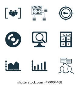 Set Of 9 Universal Editable Icons For Computer Hardware, Education And Project Management Topics. Includes Icons Such As Schedule, Keyword Marketing, Sequence Graphics And More.