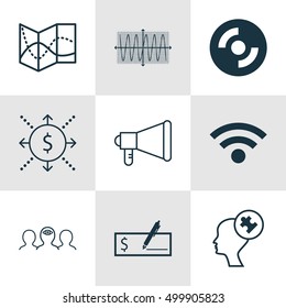Set Of 9 Universal Editable Icons For Computer Hardware, Statistics And Project Management Topics. Includes Icons Such As Wireless, Money, Road Map And More.