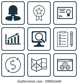 Set Of 9 Universal Editable Icons For Statistics, Computer Hardware And Airport Topics. Includes Icons Such As Business Woman, Certificate, Laptop And More.