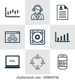 Set Of 9 Universal Editable Icons For Marketing, Project Management And Human Resources Topics. Includes Icons Such As Music, Female Application, Calculation And More.