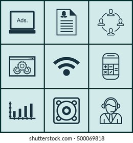 Set Of 9 Universal Editable Icons For Statistics, Human Resources And SEO Topics. Includes Icons Such As Music, Website Performance, Collaboration And More.