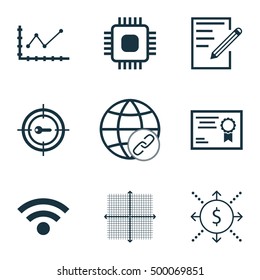 Set Of 9 Universal Editable Icons For SEO, Education And Statistics Topics. Includes Icons Such As Keyword Marketing, Chip, Graphical Grid And More.