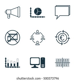 Set Of 9 Universal Editable Icons For Advertising, Computer Hardware And Airport Topics. Includes Icons Such As Sinus Graph, Segmented Bar Graph, Announcement And More.