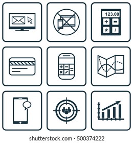 Set Of 9 Universal Editable Icons For Marketing, Airport And Human Resources Topics. Includes Icons Such As Forbidden Mobile, Messaging, Financial And More.
