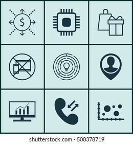 Set Of 9 Universal Editable Icons For Statistics, Airport And Computer Hardware Topics. Includes Icons Such As Shopping, Employee Location, Forbidden Mobile And More.