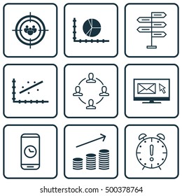 Set Of 9 Universal Editable Icons For Project Management, Human Resources And Airport Topics. Includes Icons Such As Coins Growth, Call Duration, Focus Group And More.