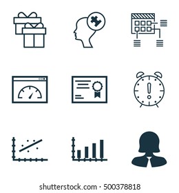 Set Of 9 Universal Editable Icons For Education, Project Management And Airport Topics. Includes Icons Such As Certificate, Present, Dynamics And More.