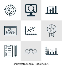 Set Of 9 Universal Editable Icons For Project Management, Computer Hardware And Marketing Topics. Includes Icons Such As Reminder, Coaching, Segmented Bar Graph And More.