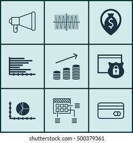 Set Of 9 Universal Editable Icons For Airport, SEO And Human Resources Topics. Includes Icons Such As Announcement, Plastic Card, Sinus Graph And More.