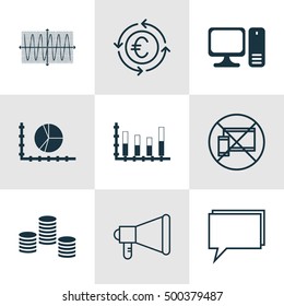 Set Of 9 Universal Editable Icons For Statistics, Airport And Project Management Topics. Includes Icons Such As Sinus Graph, Conference, Segmented Bar Graph And More.