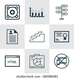 Set Of 9 Universal Editable Icons For Marketing, Human Resources And Computer Hardware Topics. Includes Icons Such As Growth, Music, Segmented Bar Graph And More.